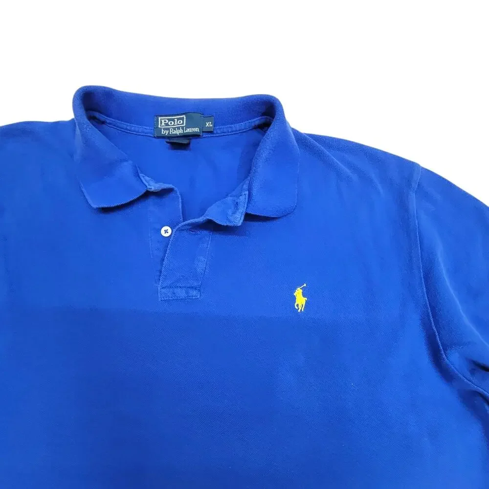 Polo Ralph Lauren Mens XL Blue Yellow Pony Short Sleeve Pique Tennis Tail Polo